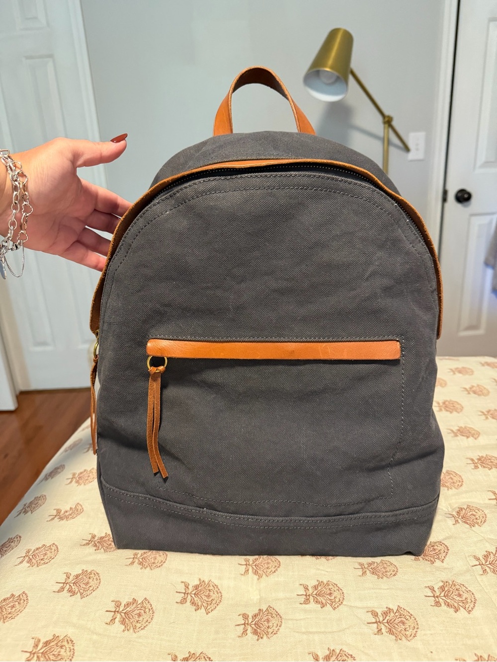 Madewell Blue Canvas Backpack with Tan Leather Trim